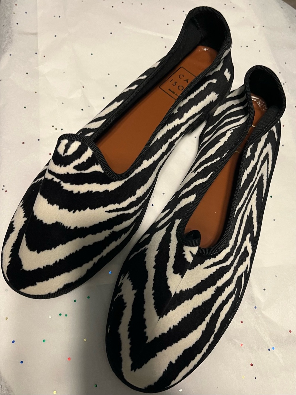 Casa Isota $350 MSRP NEW W/o Box Zebra Velvet Flats Size 38 (US 7) Made In Italy